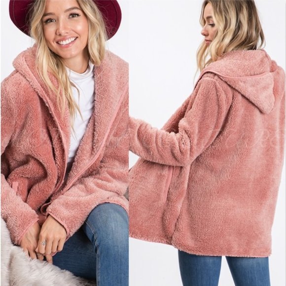 Cozy Sherpa Fur Hoodie Teddy Coat - Pink - Picture 2 of 2